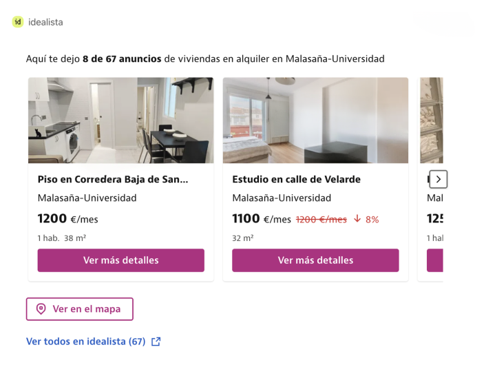 Rental search results in Malasaña-Universidad shown as an inline carousel