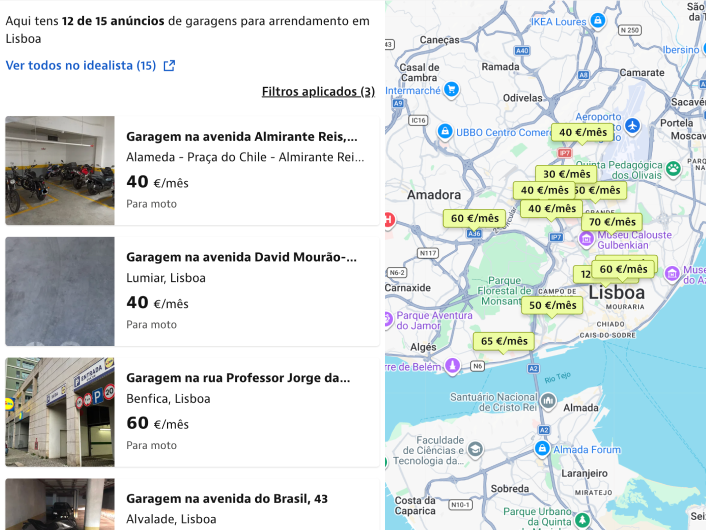 Garage rental results in Lisbon shown in a split map and list view